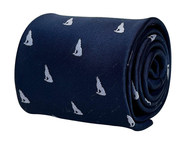 navy mens tie with howling lone wolf  design